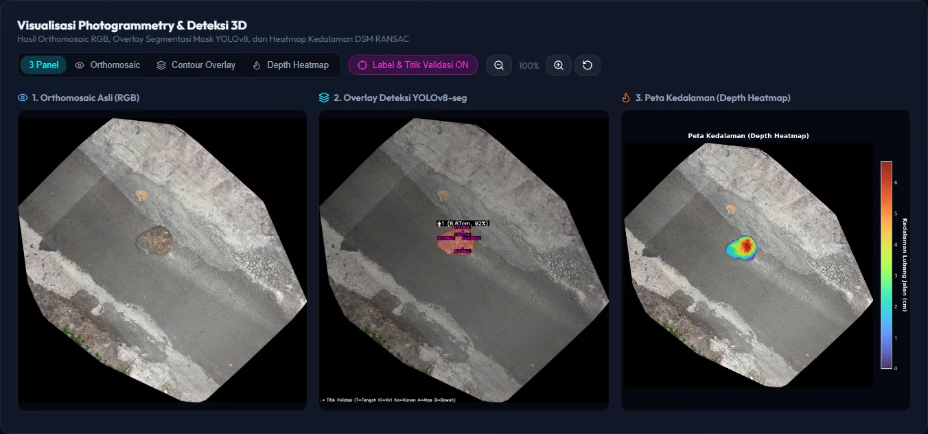 natural 2D visualization with orthomosaic, segmentation overlay, and depth heatmap