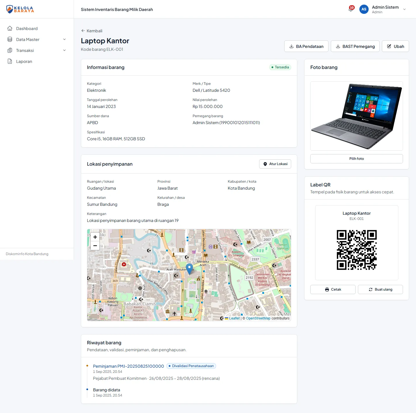 natural Asset detail page with storage location map, QR label, and asset history
