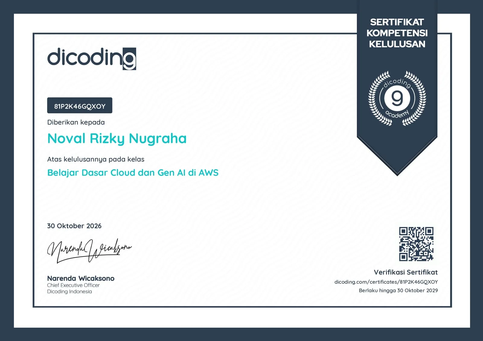 Belajar Dasar Cloud dan Gen AI di AWS certificate