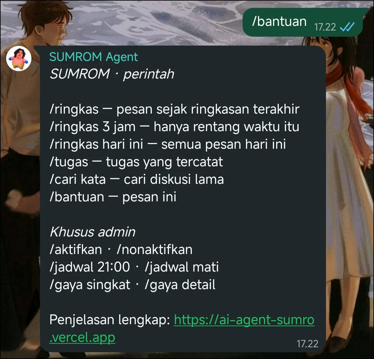 phone SUMROM Agent replying to /bantuan in a WhatsApp group